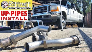 2001 F350 73  RiffRaff UpPipes Install  Stock up pipes leaking and falling apart JUNK SP [upl. by Aiciruam100]